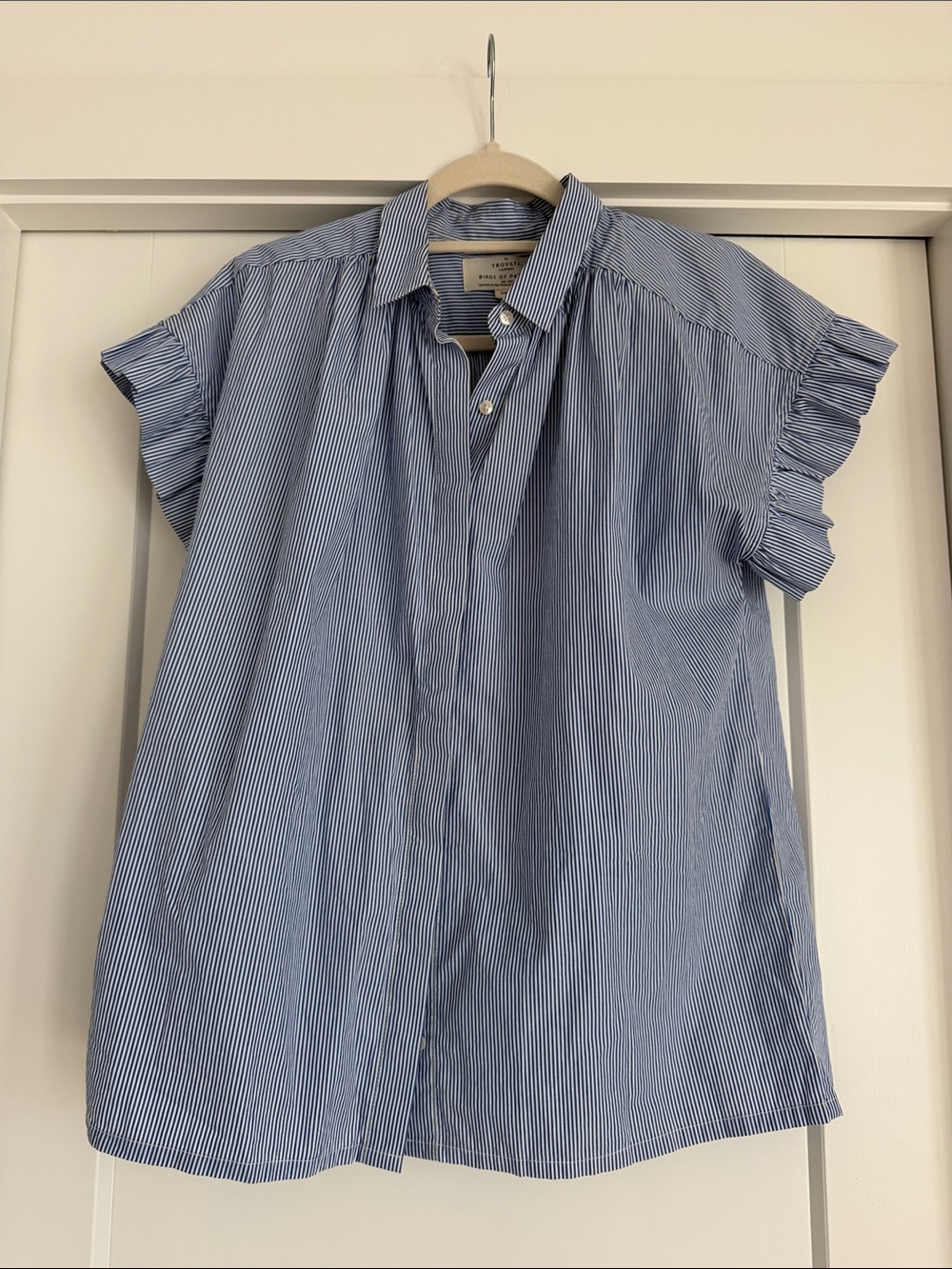 Private Navy & White Pinstripe Ruffle Sleeve Button-Down Top